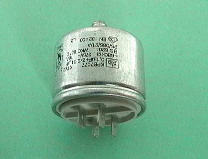 Capacitors: Type KPB 7077 four-pole class X1Y2 TECHNICAL DATA: Dielectric: paper impregnated Electrodes: aluminium foil Rated voltage: 275 V A.C. tolerance: ± 20 % Climatic category: 25/085/21, according to IEC 60068-1 Passive flammability: according to IEC 60384-14 Temperature range: - 25 C to + 85 C Test voltage: X1 - capacitor 1790 V D.