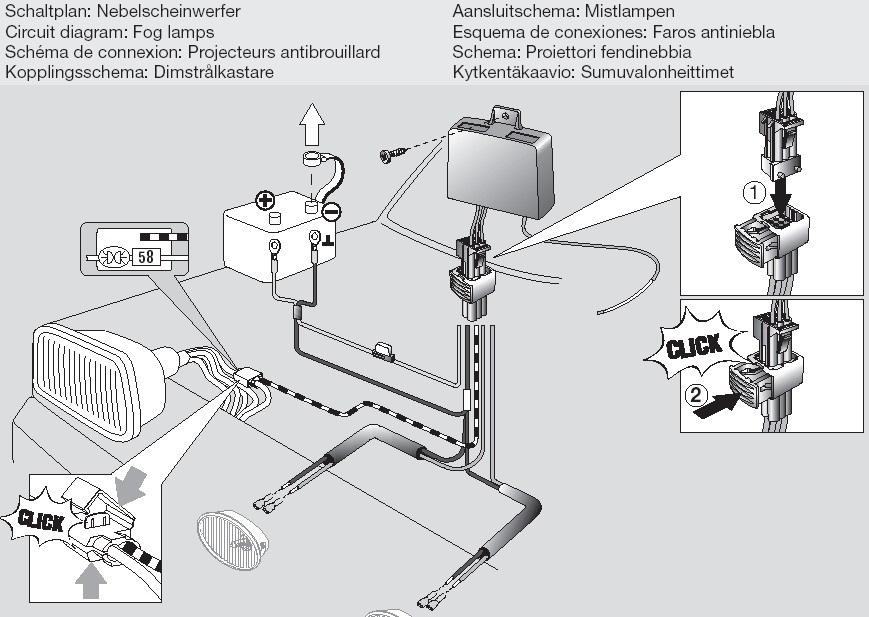 Fig.: Installation instructions for wiring fog lamps 4. Competition Competition systems for 12V applications are offered from the Far East, e.g. by the companies: Sirrius, PIAA and Raybrig.