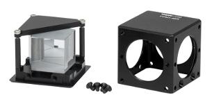 (Optic Sold Separately) These 1.5" wide cage cubes directly accept a 1" or 25 mm square optic, such as a beamsplitter cube or right angle prism, with adapters available here for mounting a 5 mm (0.