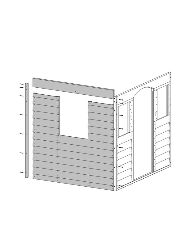 Step 8: Window Wall Assembly A: Place (081) Shutter Wall Panel tight to (074) Corner Trim on (071) Front Left Wall so the inside board is flush to the inside edge of (074) Corner Trim.