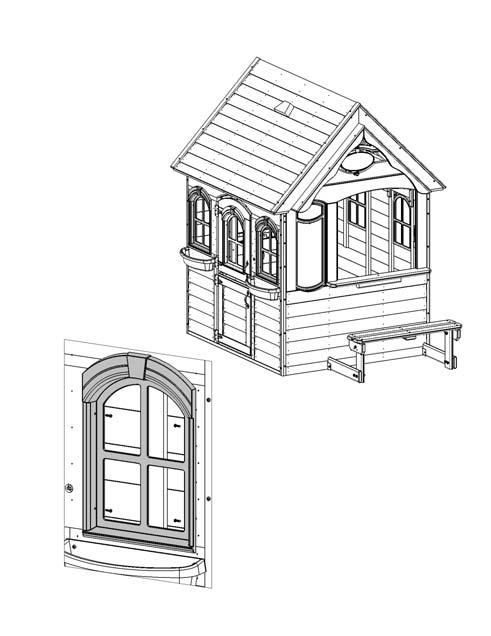 Step 22: Attach Windows A: Place 1 Playhouse Window in each window opening on the Front and Back Walls as well as in the (191) Dutch Door Top Panel. There should be 5 Playhouse Windows in total.