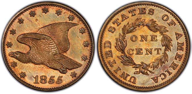 3) 1855 J-170a PR65 The experiments continued in 1855 with the Flying Eagle being the only obverse tested.