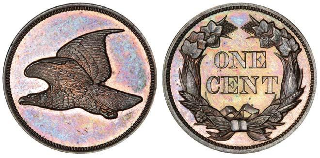 The 1855 Flying Eagles introduced a third reverse with four leaves under the E in STATES.