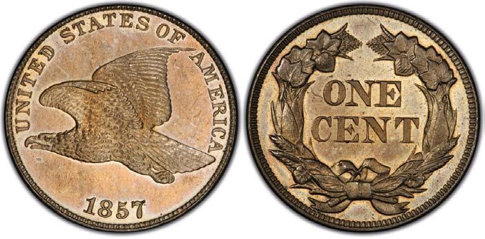 8) 1857 S-1 MS66 Once the design of the new cent was approved, there was a rush to mint the coins. Approximately 17.5 million 1857s were produced.
