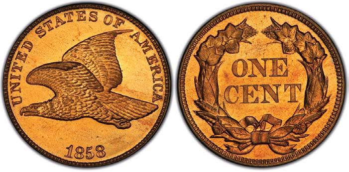 9) 1857 PR65CAM Proof 1857 and 1858 Flying Eagles are very rare (10 to 15 times more rare than 1856s), but also extremely beautiful. Probably only 50 examples of the proof 1857 exist today.