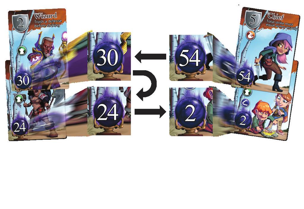 The players take the eight Hero Cards from their pile in-hand. The first player draws a number of Defense Cards from the deck equal to twice the number of players in the game, laying them face-up.