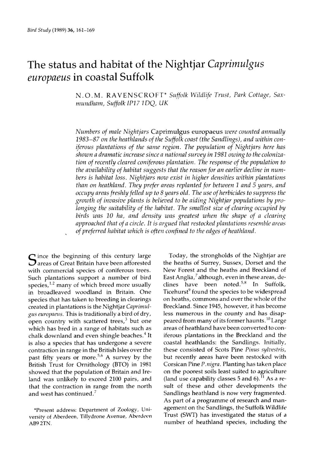 Bird Study (1989) 36, 161-169 The status and habitat of the Nightjar Caprimulgus europaeus in coastal Suffolk N.O.M.