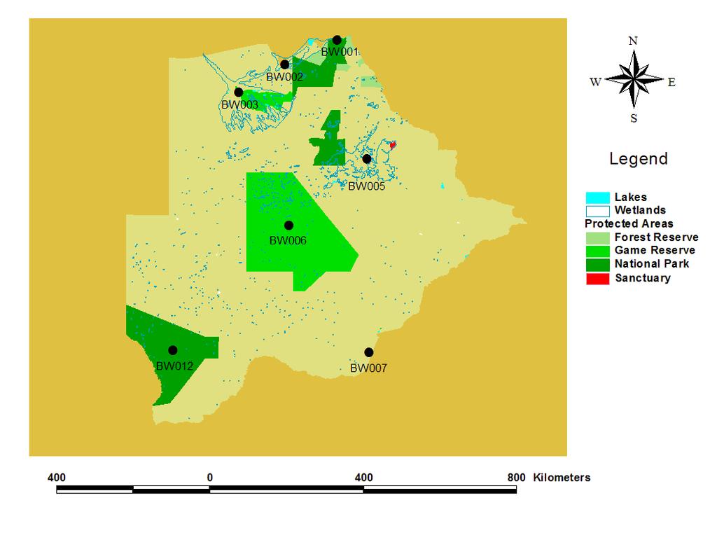 Map of Botswana s seven IBAs, identified by their IBA numbers, that partially or entirely overlap with various designated protected areas: Chobe National Park (BW001), Linyanti Swamps (BW002),