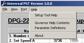 Use the Help menu to access: Help on the Universal PST for DPG Help on the DPG-21XX-00X that is currently in communication with the PC Information about the Universal PST for DPG application
