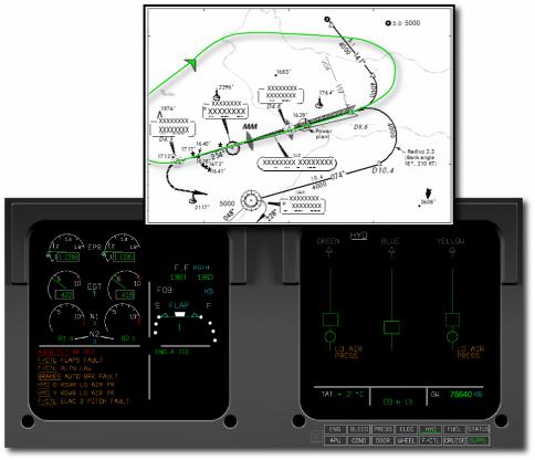 Figure 4 Warning Messages, Aircraft Systems Pages & Navigational Chart Modules One click on the RUN button replays the incident: Shortly after take off, with 1,700 ft indicated on the radio