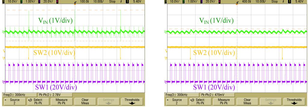 5A Step, 50% to 100% ) V IN = 10V, V OUT = 0V, I OUT = A W/O Input Filter: Short L2 and L, Remove C IN2 V IN Peak-to-Peak Ripple = 2.