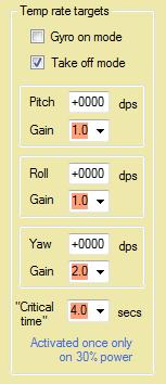 This sets the number of seconds the rates (and gains) are to last for. The actions (rate and gain changes) start when the gyro is switched on.