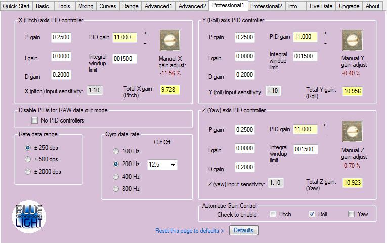2.9 Tab Professional 1: Professional 1 modifications This page sets up specific gyro control parameters as detailed here. The Default button sets the page to its factory default values. 2.9.1 Pitch, Roll and Yaw axes PID controllers The pitch, roll and yaw axes PID controller parameters can be set up individually.