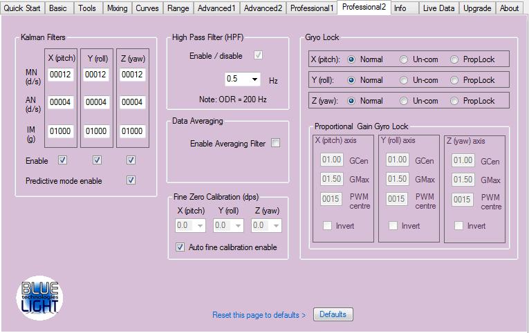 2.10 Tab Professional 2: Professional 2 modifications This page sets up more specific gyro control parameters as detailed here.