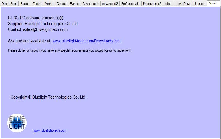 2.13 Tab About: Bluelight Technologies The last tab simply gives contact information about Bluelight Technologies (the designers of the BL-3G gyro)