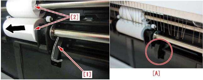 2) Push the delivery roller [2] of the upper escape tray towards the rear side 3)