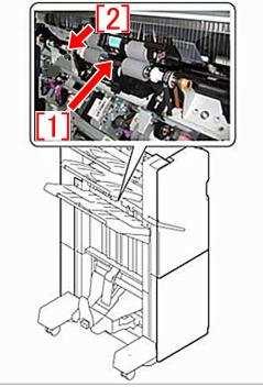 1) Remove the stack tray [1] and the grate-shaped lower guide [2] by