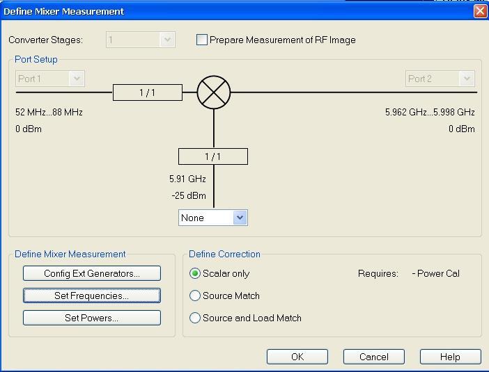 Fig. 4-6: Define Mixer Measurement window Click OK to save the settings An RF signal frequency range from 52 to 88 MHz is up-converted to an IF