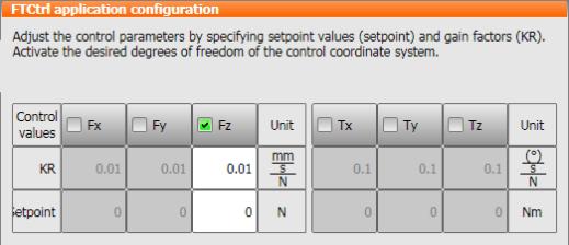 8 Programming Fig. 8-3: FT controller page (tracking motion during contact) Check boxes Parameter Setpoint KR Via the check boxes, activate the directions for force/torque control.