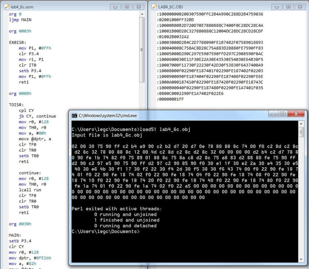 Figure 1 Left: This is an.asm file. Right: The assembled Intel Hex file of the.asm file on the left. Bottom: Loading the code into FreeSoC flash with load51.