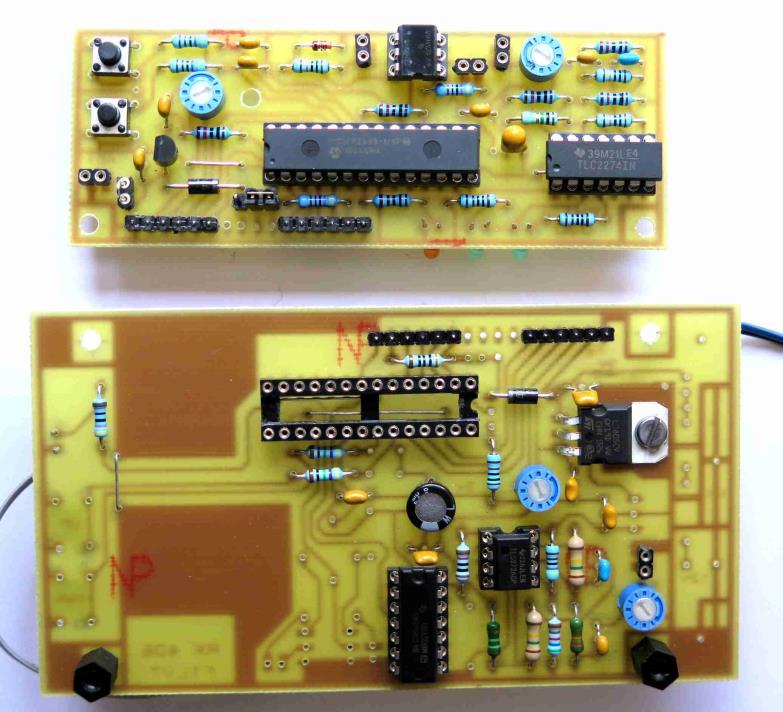 Photo 3: Comparison of the size of the DECTRA PCB (top) to that of the original PCB (bottom, partially wired) The first circuit was designed as a support for accessories like signal input Jacks [1,