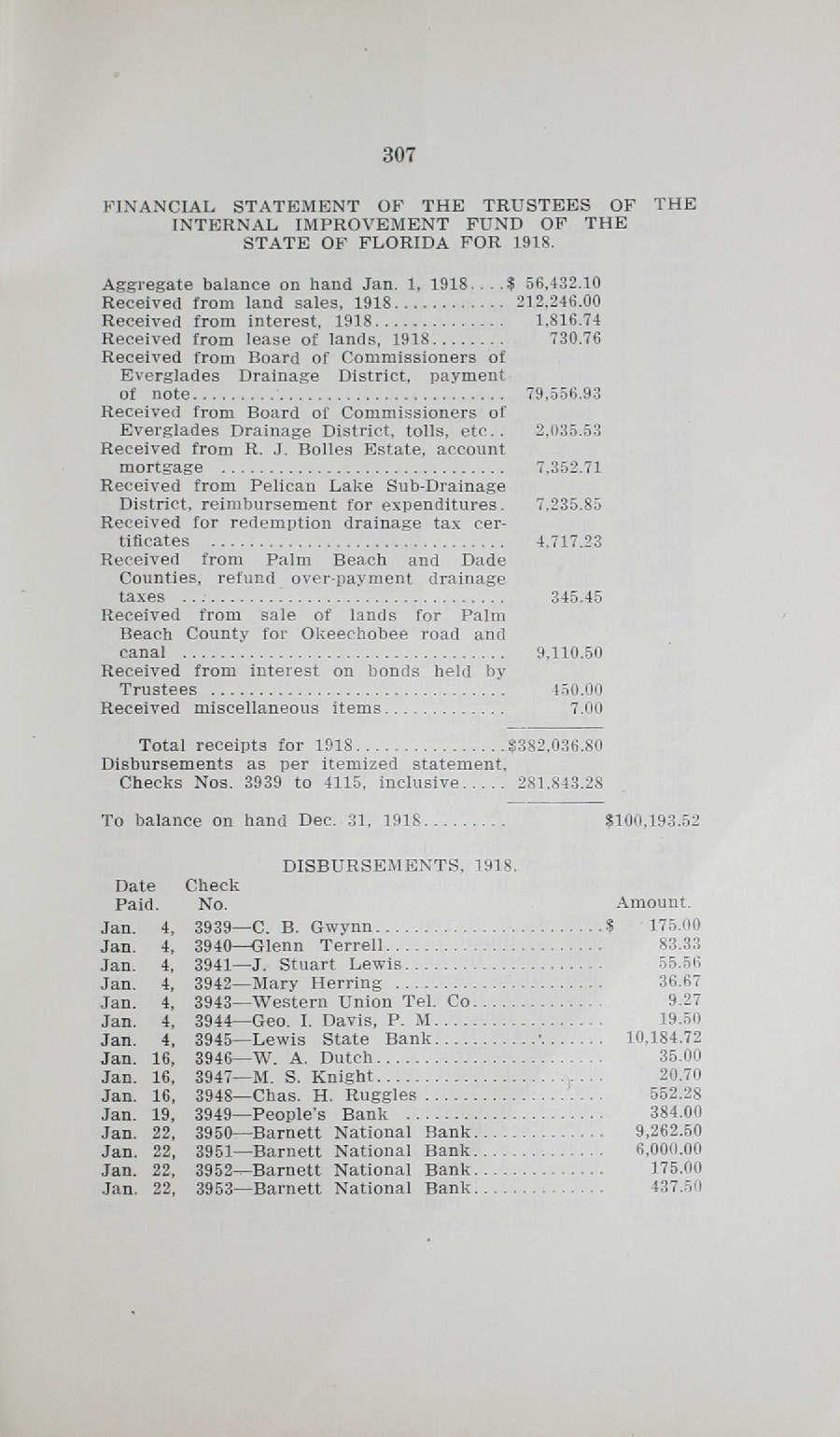 307 FINANCIAL STATEMENT OF THE TRUSTEES OF THE INTERNAL IMPROVEMENT FUND OF THE STATE OF FLORIDA FOR 1918. Aggregate balance on hand Jan. 1, 1918... $ 56,432.10 Received from land sales, 1918.