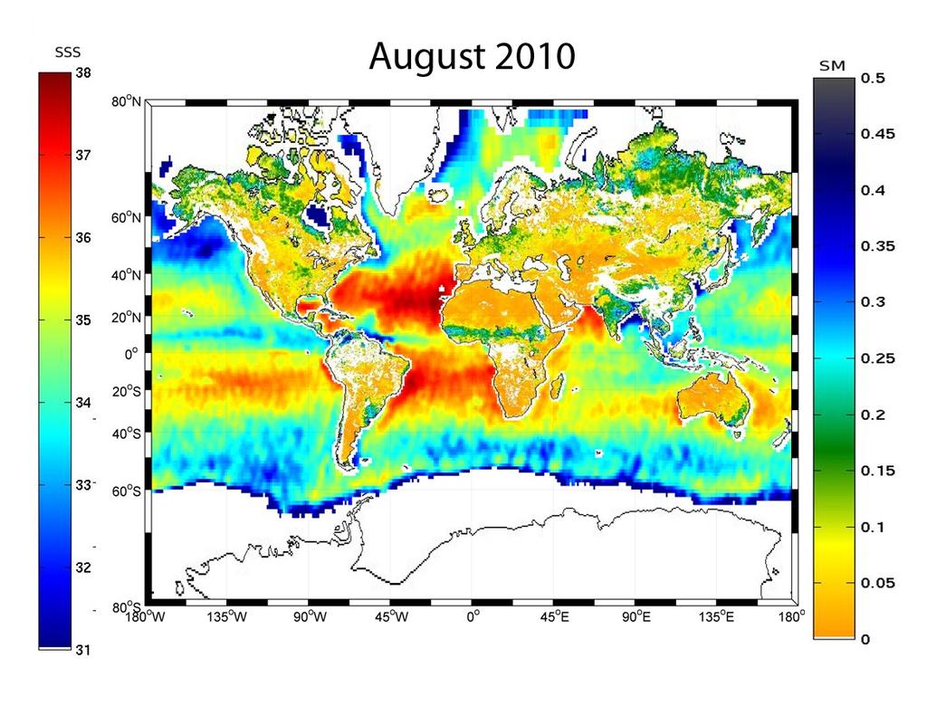 The main application areas. Soil moisture and ocean salinity map from the ESA satellite SMOS.