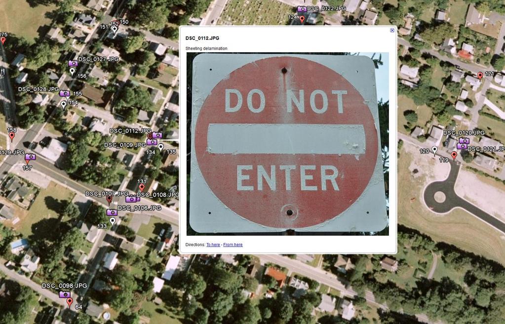 These Google Earth overlays makes it easy for anyone to browse where and which signs are out of compliance, which can be very helpful into deciding which signs should be replaced.