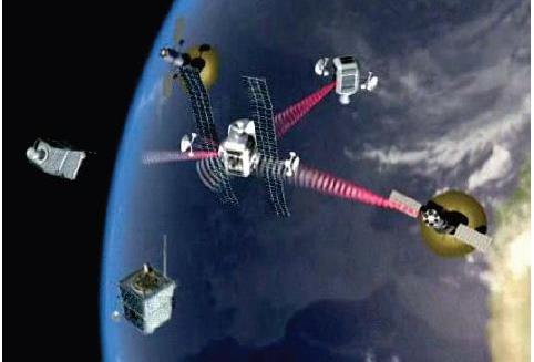 Several satellites exchange resources wirelessly to obtain a higher aggregated network capability.