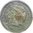 A capped pole extends up past the shield and a ribbon inscribed LIBERTY is draped over the shield. The reverse is the regular issue Seated Half. Struck in silver with a reeded edge.