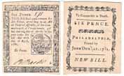 .... #206200 $465.00 December 1771. NC. Two Shillings & Six Pence. PMG. Unc-62. EPQ. Vignette of House. Original pen signatures....................... #206201 $425.00 1/9/1781. NJ. Six Pence. PCGS.
