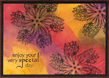 Attach the Penny die cut to the panel, and layer onto the Deep Purple panel and Penny card. Card #5 WM Greeting Stamp 1.