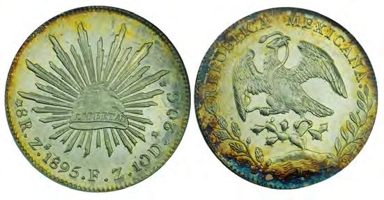 colorful aunc-unc; 1908-MoGV, dipped AU and 1909-MoGV, VF. 8 coins. ($150-200) 1093. Second Republic. Peso, 1898-ZsFZ, KM-409.