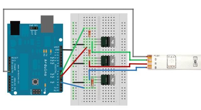 Connect a 9-12V power supply to the Arduino so that Vin supplies the high voltage to the LED strip.