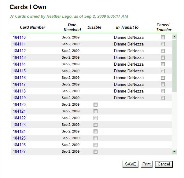 Review Cards I Activated The Cards I Own function can be used to review cards, disable lost or stolen cards and to cancel the transfer of cards in process.
