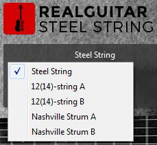 LOADING GUITAR PATCHES RealGuitar Steel String has five guitar patches: Steel String 12(14)-string A 12(14)-string B Nashville Strum A Nashville Strum B Click the black screen combo box in the upper