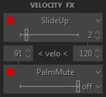 VELOCITY SWITCH EFFECTS On the left lower part of Solo window you see Velocity Switch FX section including two FX boxes: Using the Velocity Switch FX controls, two FXs can be dynamically engaged