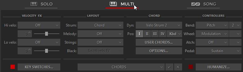 MULTI MODE Multi mode is a universal mode allowing you to easily assign various guitar techniques you want to produce on the keys of Main and Repeat keyboard zones, such as strumming, muting, and