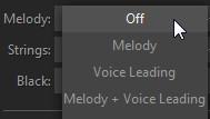 Melody combo box features four selections: Off, Melody, Voice Leading, and Melody + Voice Leading.