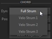 DYN Clicking Dyn (Dynamics) combo box gives you four selections: Full Strum, Velo Strum 1, Velo Strum 2, and Velo Strum 3.