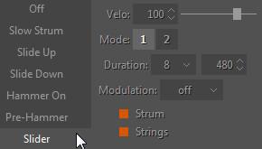 Slider FX options: Velo - input velocity threshold. Mode 1 - full chord is played with bending notes inside. Mode 2 - strings above the bending notes are disabled.