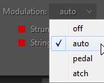 Modulation - enables automatic pitch modulation (vibrato) and has four selections: Off, Auto, Pedal, and Atch: o Off - no modulation.