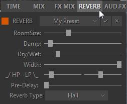 MIXER 2 panel includes volume controls of all additional sounds and sound FXs (range: +/- 12dB): REVERB PANEL Reverb panel provides effect on/off button, preset combo box, and various controls: Room