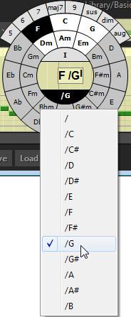 To insert the selected chord into the chord track press Enter key on computer keyboard, or alternatively click the center part of Chord Selector. To cancel inserting press Esc key.