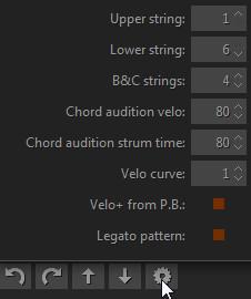 SETTINGS PANEL Clicking the Settings button will bring up the Settings panel. Upper string - disables upper strings for strumming patterns.
