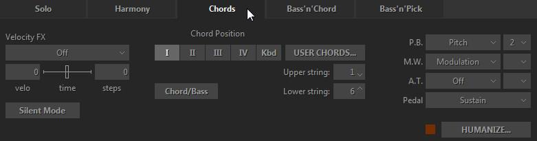 CHORDS MODE Chords mode window In this mode RealGuitar detects the chord played in the Main zone of the keyboard (the root note and the name of the chord appear on the black info screen), builds a