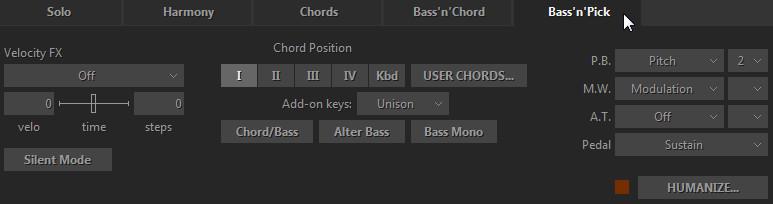 BASS & PICK MODE Bass & Pick mode window In this mode RealGuitar identifies the chord taken in the Main zone, builds its guitar version and plays only its Root note (Bass I).