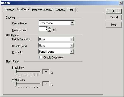 4.7.2 Job/Cache Figure Option dialog (Job/Cache) Caching Specifies whether to pre-read (cache) when a document is scanned. This option enables faster scanning.