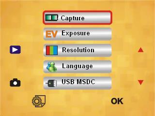 The Main Menu displays five (5) icons that are used to access the various features of the Film2USB Converter: 1. Capture mode: A: B&W film; B: Positive film; C: Negative film 2.