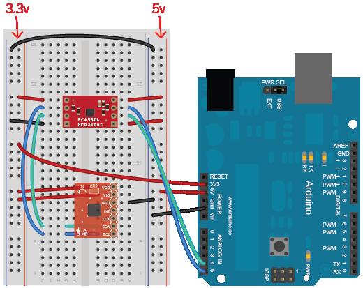 Appendix A: Using 3.3v I2C Sensors with a 5v I/O board Although the itg3200 gyro is featured in this schematic, it applies to any I2C sensors that require 3.3v or less.